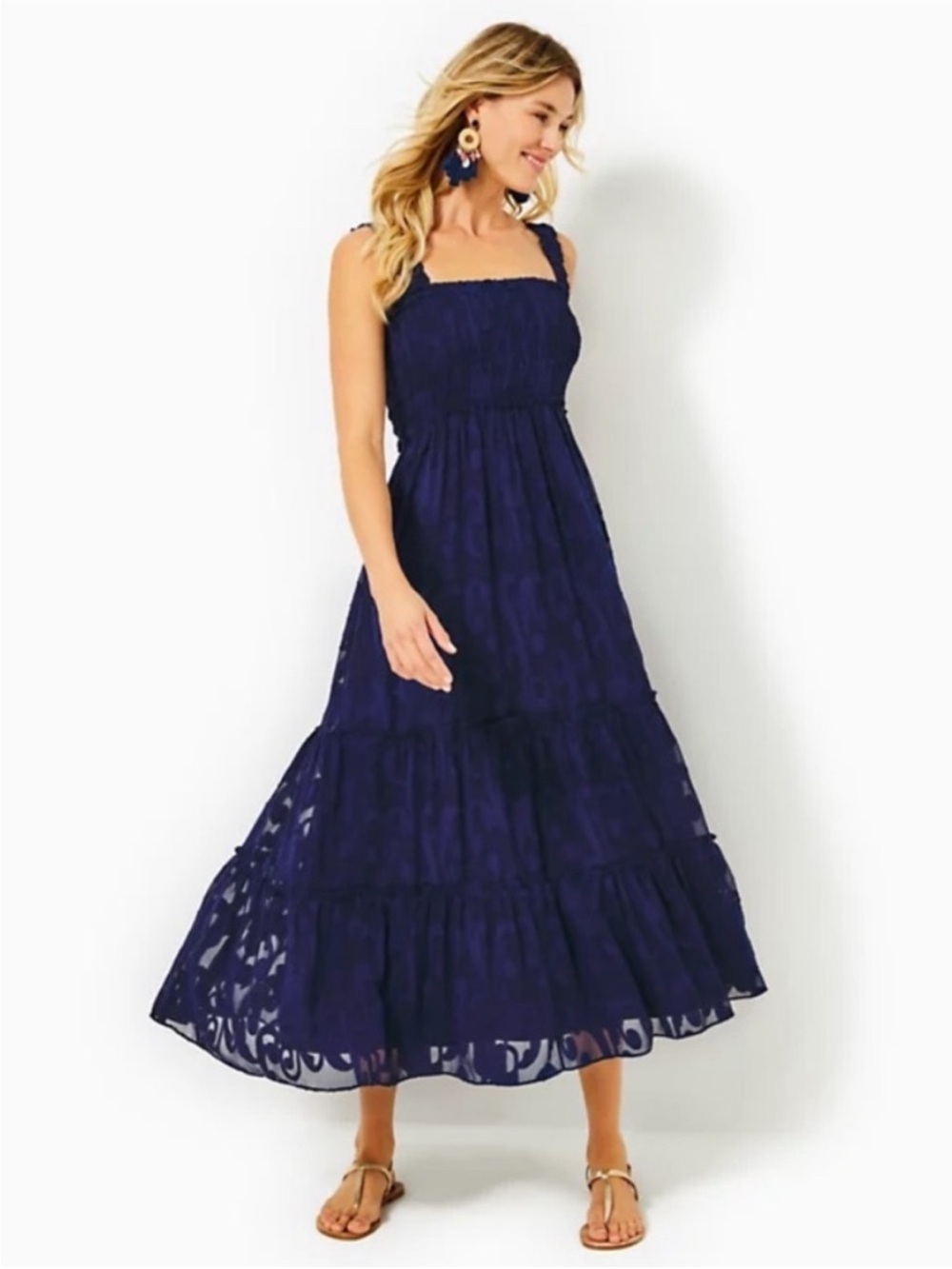 HR) Lilly Pulitzer 🌹Smocked Maxi Dress in Navy – Women's Sleeveless Summer Dress